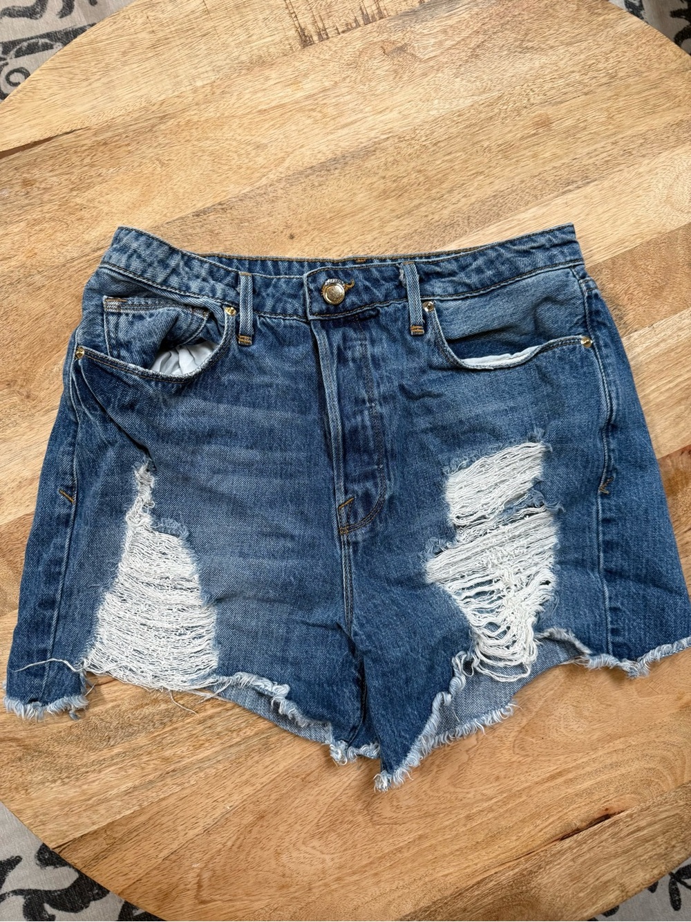 Good American Distressed Dark Blue Denim Shorts